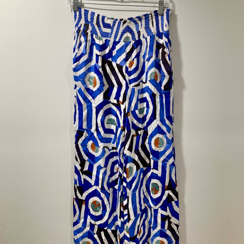 Anthropologie Maeve Saria Smocked Wide Leg Pants Blue Geometric Print Size S - Picture 4 of 5